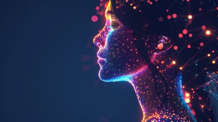 Wall Mural - side profile of a virtual woman with glowing hair on blue background. abstract artificial intelligen