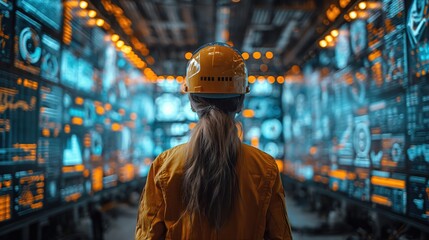 A safety officer wearing a safety helmet, viewed from the back, looking up in awe