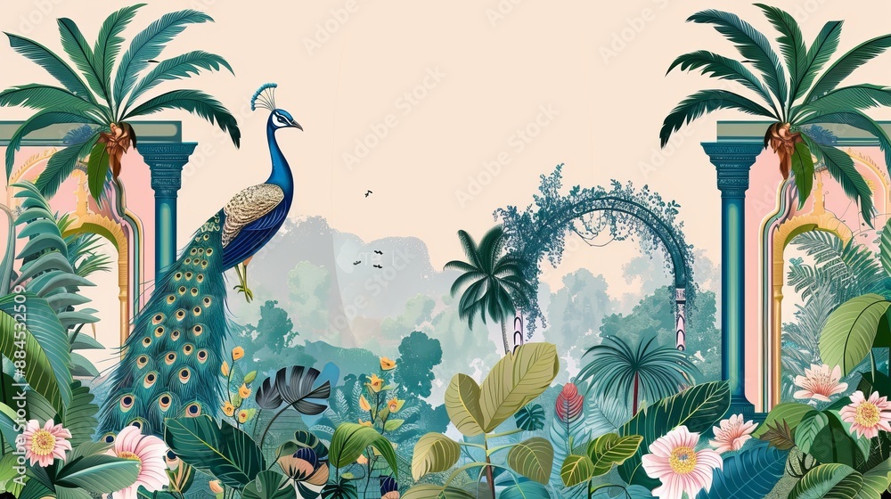 Mural Vector Design Wallpaper illustration of a Mughal garden with peacocks arches and ...