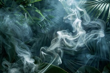 Canvas Print - Whisps of white smoke intertwine with lush green tropical leaves, creating an ethereal scene