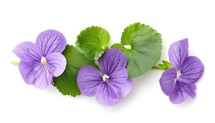 Wall Mural - Three violets and leaves isolated on white background