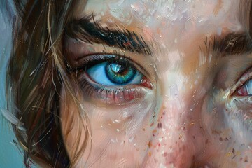 Poster - A detailed closeup of an intense blue eye in a textured oil painting