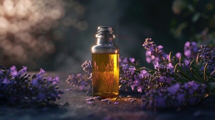 Canvas Print - Lavender essential oil bottle on a dark backdrop