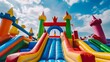 © Ziyan - Vibrant bounce house with slides and castle turrets against blue sky. Concept Outdoor Activities, Bounce Houses, Playful Photoshoot, Colorful Backgrounds, Kids Fun