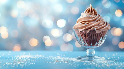 Sticker - Chocolate cream birthday cupcake in glass bowl on blue background with bokeh lights copy space focused with shallow depth of field