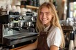 © VR - A smiling barista in a trendy coffee shop beautifully capturing the essence of modern and vibrant cafe culture
