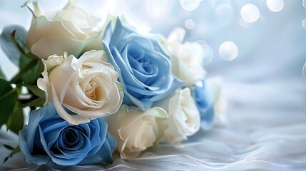 Wall Mural - Artificial elegance beautiful colorful blossom rose flowers bouquet. Close up white and blue rose flowers bouquet for Valentine or wedding background and wallpaper. 