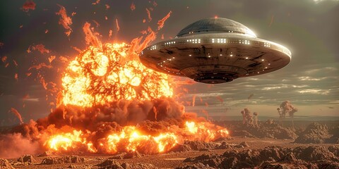 Wall Mural - UFO Hovering Over Fiery Battlefield Explosion, Extraterrestrial Spaceship Witnesses Destruction Amidst Alien Invasion Scene, Sci-fi Concept Art