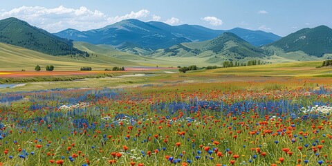 Canvas Print - Breathtaking Mountain Landscape with Vibrant Blooming Flowers and Rolling Green Hills Under a Clear Blue Sky in a Serene Spring Setting