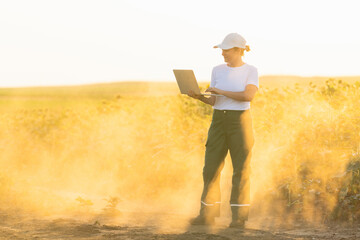 Woman farmer wearing white cap and t-shirt with laptop on agricultural field at sunset