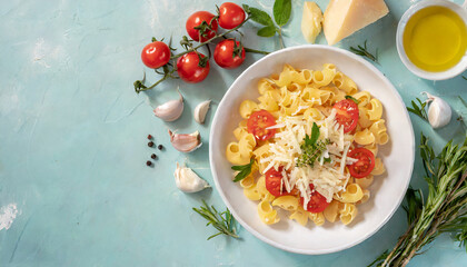 Wall Mural - Delicious pasta with cherry tomatoes, parmesan and fresh herbs. Tasty traditional Italian cuisine