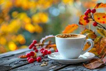 Wall Mural - Enjoying a cozy autumn coffee break in a serene and peaceful outdoor setting with vibrant fall foliage and colorful red berries on a rustic wooden table, creating a tranquil and relaxing ambiance