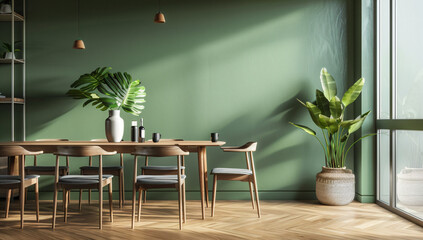 Poster - Modern Dining Room with Green Wall and Natural Light.