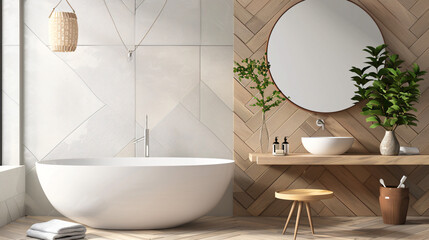 Poster - Modern Bathroom Interior Design with White Tub and Wooden Accents.