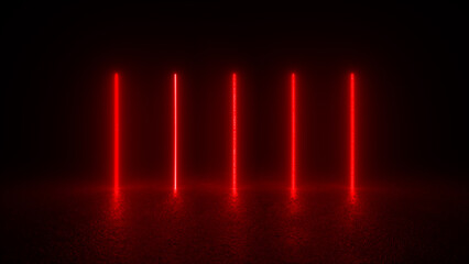 Five vertical red neon lines glow in a dark room, casting reflections on the floor.