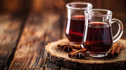 Canvas Print - Mulled wine in glass cups on dark wood background space for text