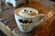 © anatolir - A delightful cup of cappuccino with a funny face made from googly eyes and foam on a rustic table