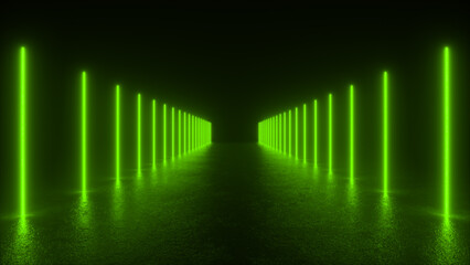 a long, dark room lit by bright green neon lights. the lights line the sides of a hallway, creating 