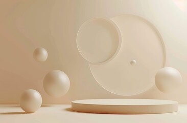 Poster - Minimalistic 3D render of abstract geometric shapes in a beige color palette
