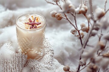 Wall Mural - A glass of warm drink garnished with star anise, nestled in a soft blanket with winter flora