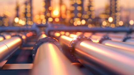 Close-up of industrial pipelines at sunset with blurred refinery background, highlighting infrastructure and energy production.