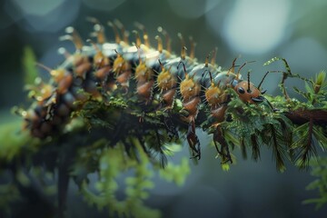 Sticker - Closeup of a caterpillar on a branch covered in sparkling dew drops