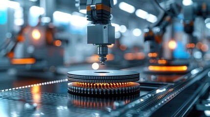 Wall Mural - Close-up view of semiconductor wafers on a production line, with robotic arms assembling components in a sterile environment.