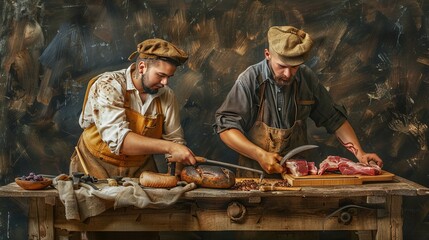 Two butchers focused on slicing and preparing various meats on a rustic wooden table, embodying culinary craftsmanship and traditional butchery techniques.