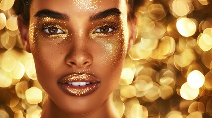 Wall Mural - A woman with shiny makeup looks stunning against a golden background. Her flawless skin and full lips enhance her beauty, capturing the essence of luxury and fashion.