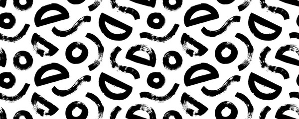 Poster - Seamless banner design with bold brush-drawn geometric shapes. Hand drawn thick waves and semicircles.