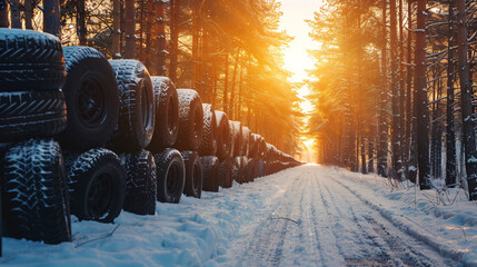 Canvas Print - Winter Tires Stacked Along Forest Road.