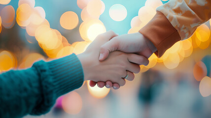 Two people shaking hands with colorful blurred lights in the background.