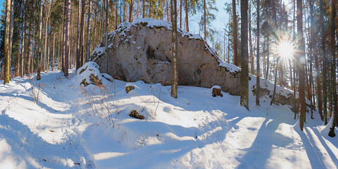 Wall Mural - climb up  to the Riederstein mountain, through snowy winter forest with large rock