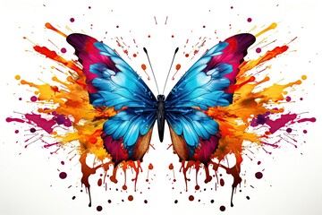 Poster - Colorful butterfly art with vibrant paint splashes, representing creativity and beauty in a stunning symmetrical design.