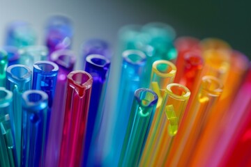 Wall Mural - Closeup of vibrant test tubes in various colors for scientific research