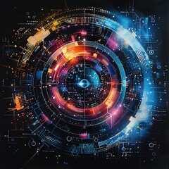 Poster - Colorful futuristic digital interface in a circular pattern with vibrant lights and intricate details on a dark background.