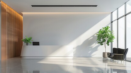 Wall Mural - a bright and airy minimalist lobby bathed in abundant natural sunlight, featuring clean, sleek lines