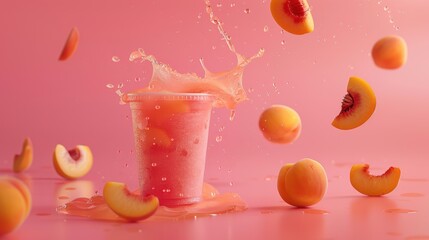 Poster - A pink smoothie with peaches falling into it