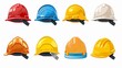© Damerfie - A set of eight construction safety helmets shown in various colors. The helmets feature different designs, providing protection for construction workers' heads on site.