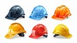 © Damerfie - A set of six construction helmets in blue, orange, and yellow hues on a white background, highlighting safety and protection. Ideal for industrial use.