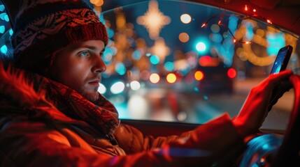 Canvas Print - A man driving a car with a cell phone in his hand