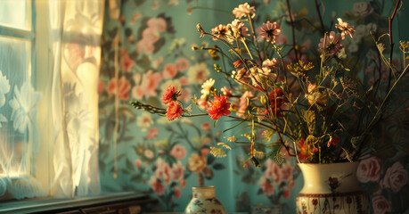 Wall Mural - A vase filled with flowers next to a window