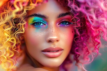 Poster - Closeup of a woman with colorful eye makeup and curly hair basking in a warm glow