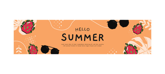 Hello summer horizontal banner with pixel art fruits and glasses concept