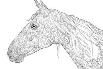 Detailed black and white line art drawing of a horse with floral patterns