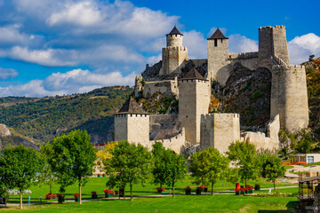 Sticker - Majestic medieval Golubac fortress in Serbia stands tall in picturesque Danube gorge