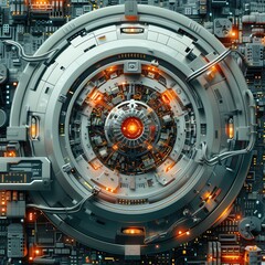 Poster - Futuristic high-tech machine with intricate details and glowing lights, representing advanced technology and innovation.