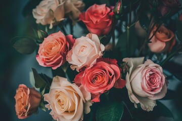 Wall Mural - Bouquet of beautiful pink and red roses with a dark, artistic backdrop