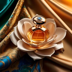 Wall Mural - Elegant perfume bottle with colorful fabric background