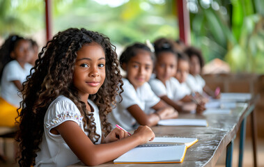 a group of young girls are sitting at a table with notebooks and pencils in a classroom in cartagena